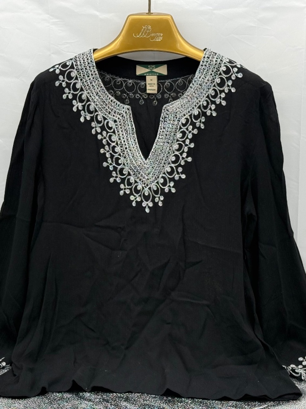 Bohemian Black and Silver Embroidered Long-Sleeve Top - Medium